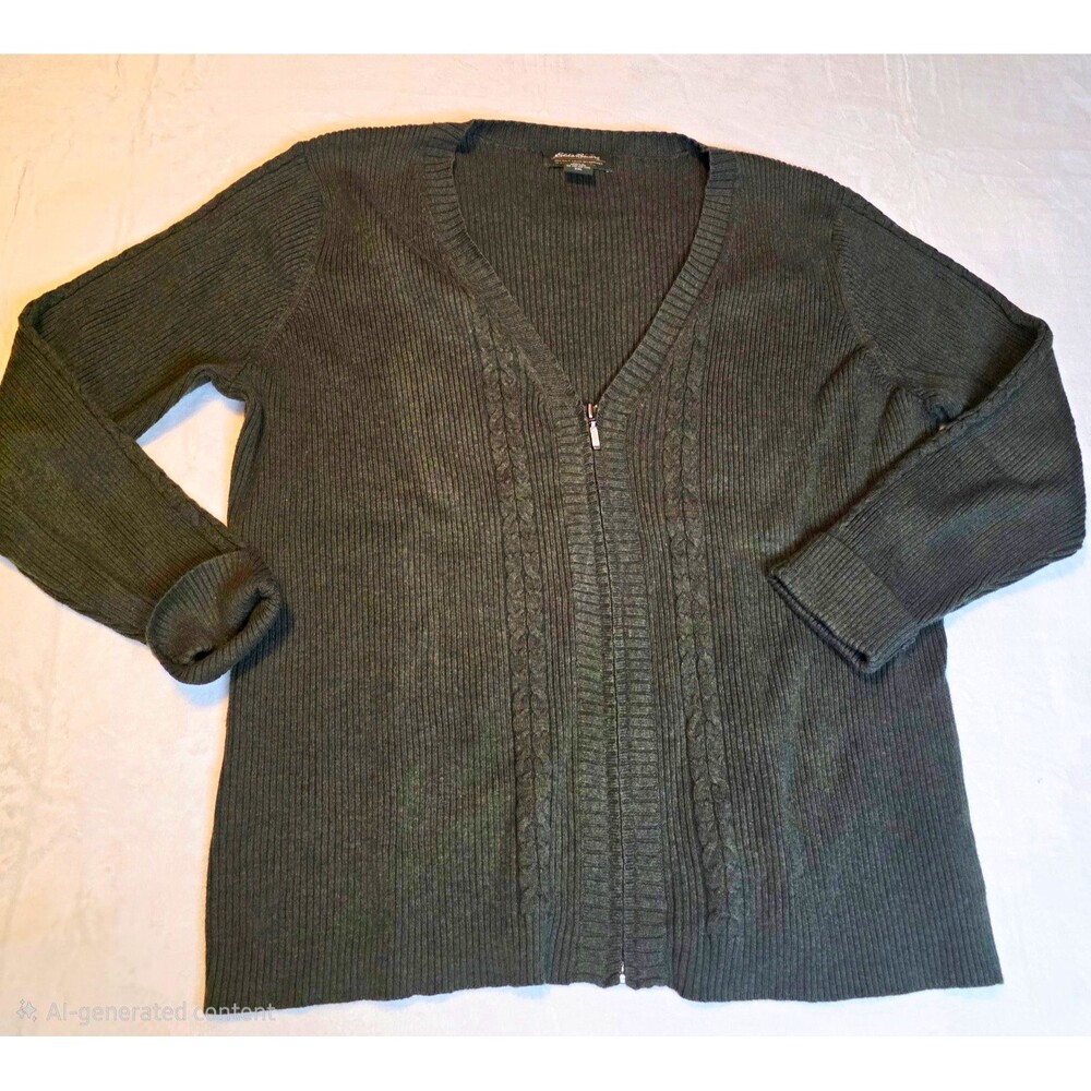 Eddie Bauer Green Cable Knit Full Zip V-Neck Sweater Cotton/Nylon 2XL